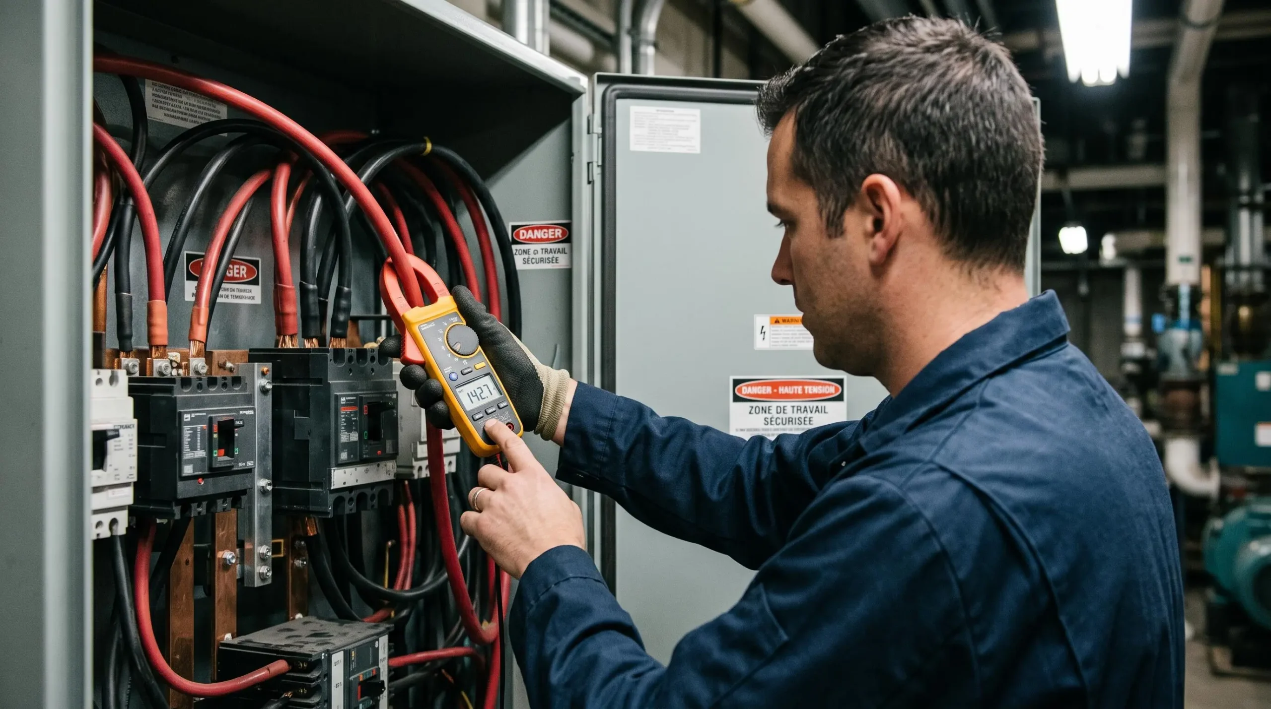 Auditeur énergétique utilisant une pince ampèremétrique pour mesurer le courant électrique dans un tableau de distribution industriel