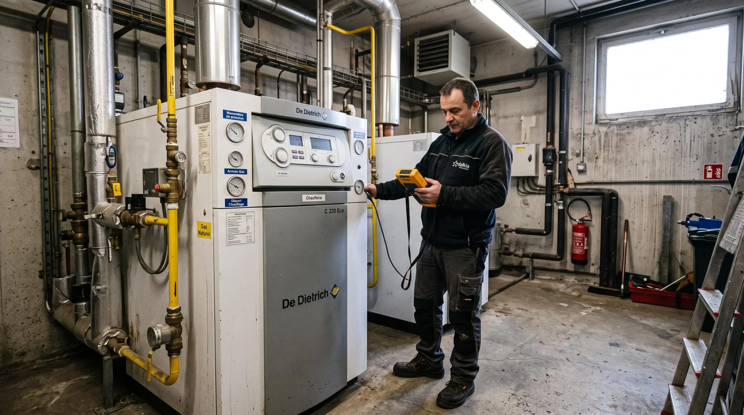 Industrial gas boiler system in a commercial heating plant room with maintenance technician performing inspection.