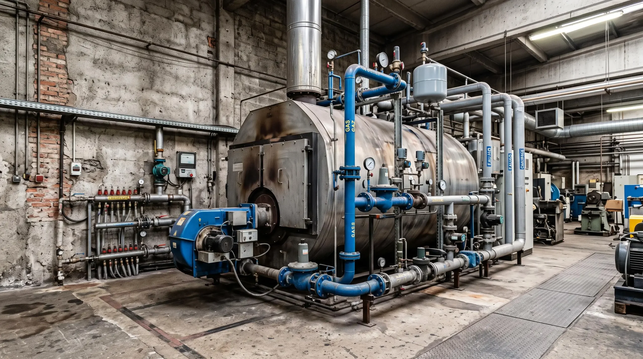 Chaudière industrielle au gaz naturel avec tuyauteries et système de régulation dans une chaufferie d'usine