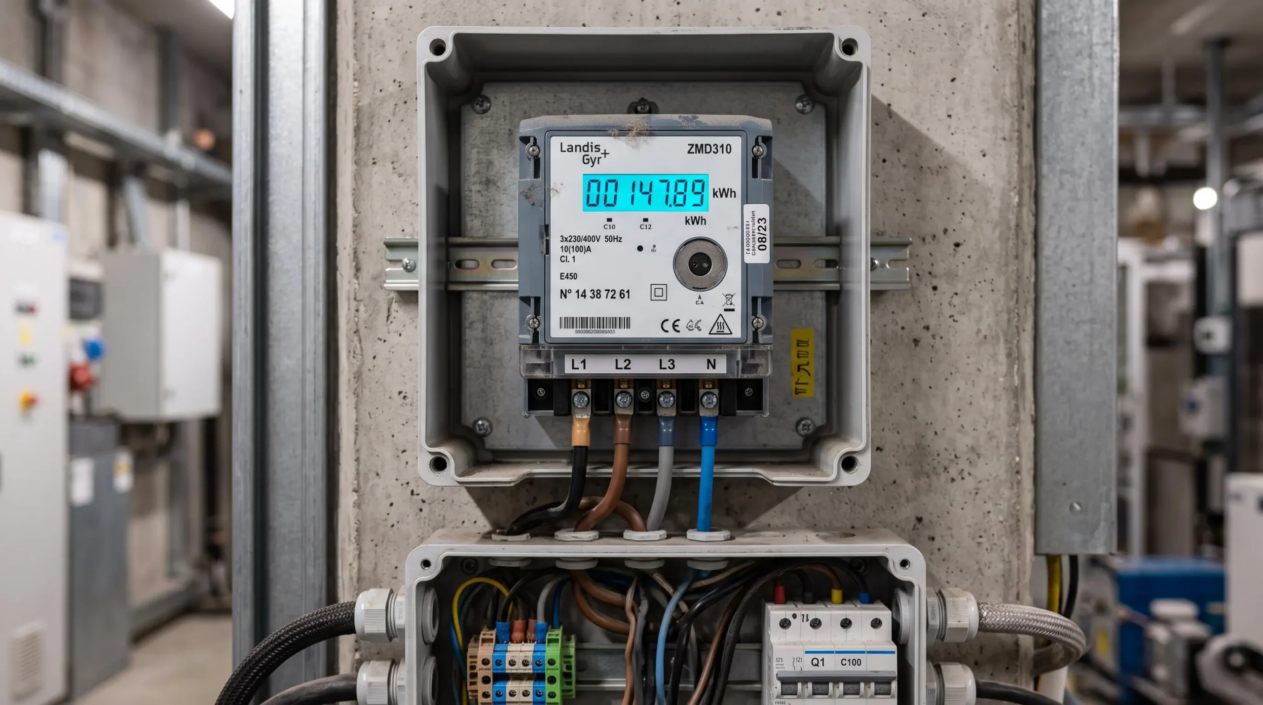 Compteur électrique triphasé professionnel installé dans un environnement industriel français