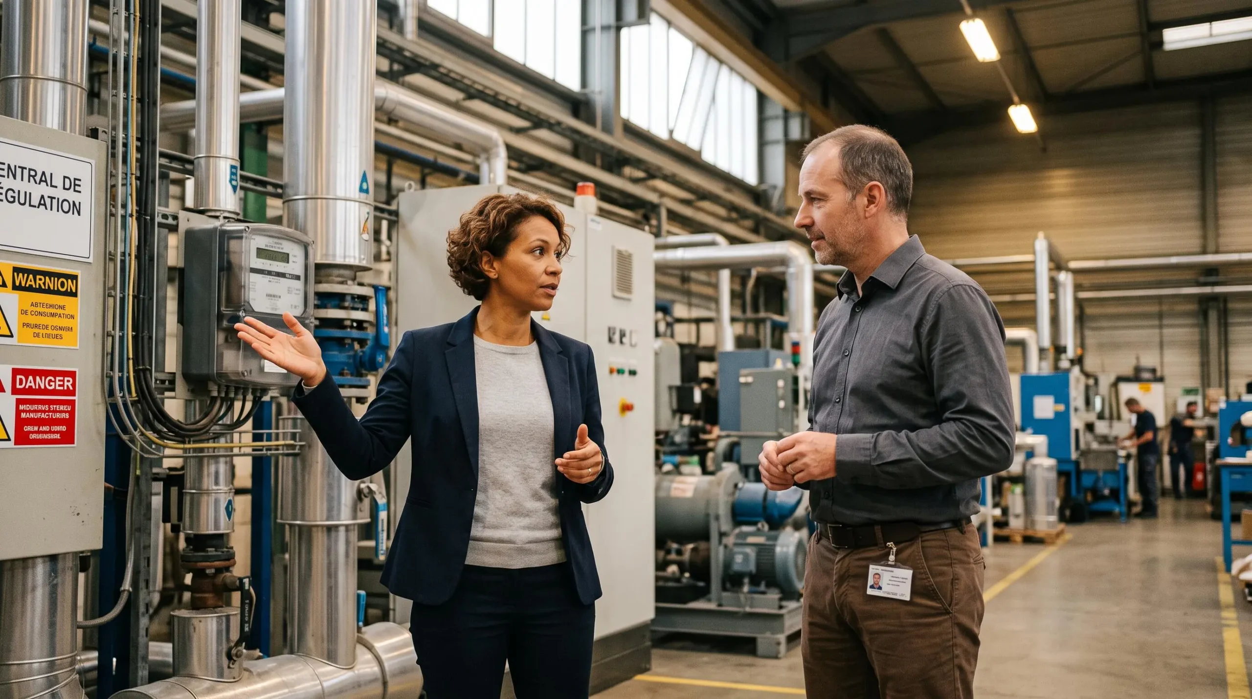 Courtier en énergie et chef d'entreprise discutant stratégie d'optimisation énergétique dans un environnement industriel