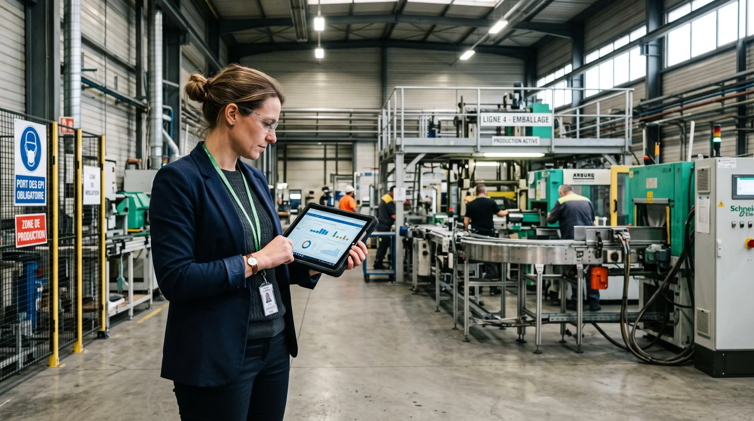Consultante en courtage énergétique analysant des données techniques sur tablette dans une zone de production industrielle