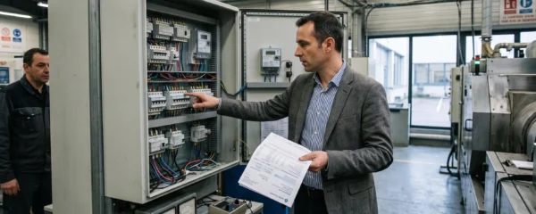 Courtier en énergie réalisant un audit énergétique devant une armoire électrique industrielle