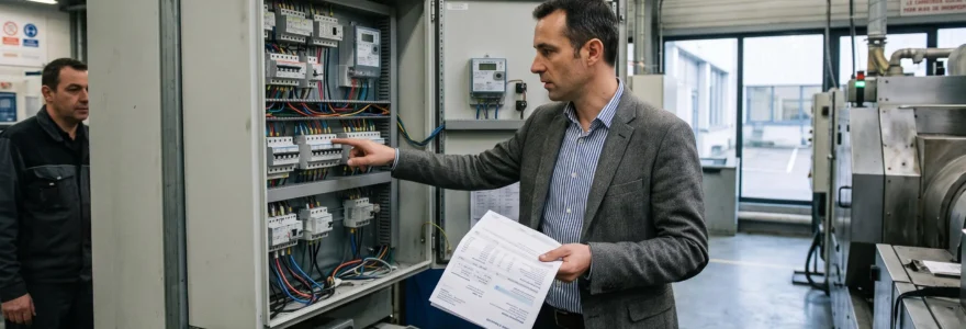 Courtier en énergie réalisant un audit énergétique devant une armoire électrique industrielle