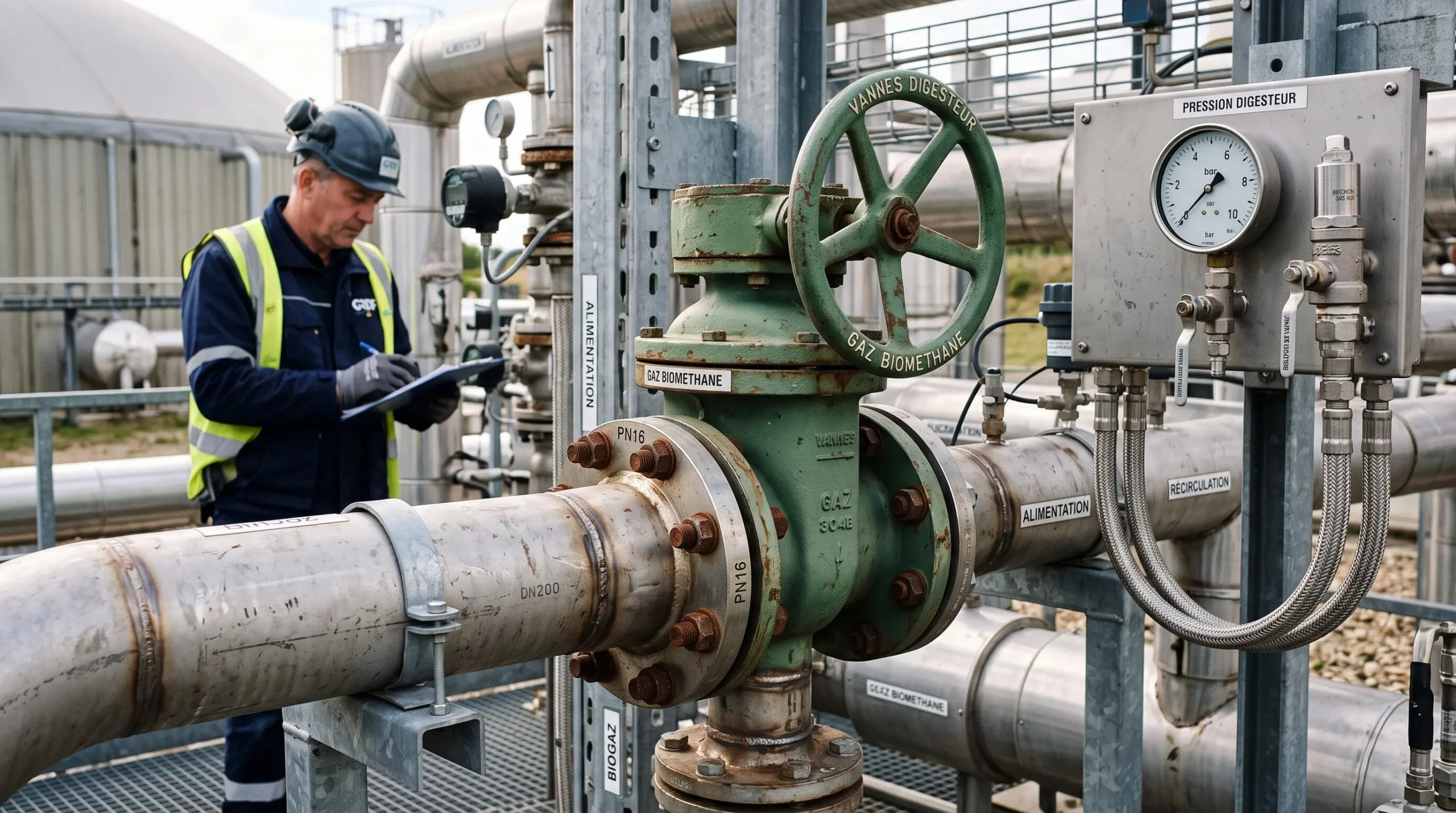 Close-up of industrial pipework and control valves on biomethane production equipment with operator in background.