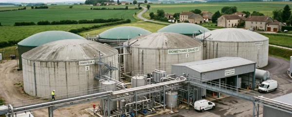Modern biomethane production facility with cylindrical digesters and fermentation tanks in a French rural-industrial setting.