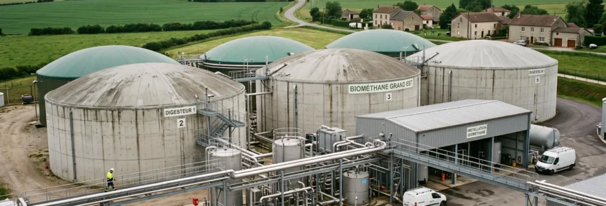 Modern biomethane production facility with cylindrical digesters and fermentation tanks in a French rural-industrial setting.