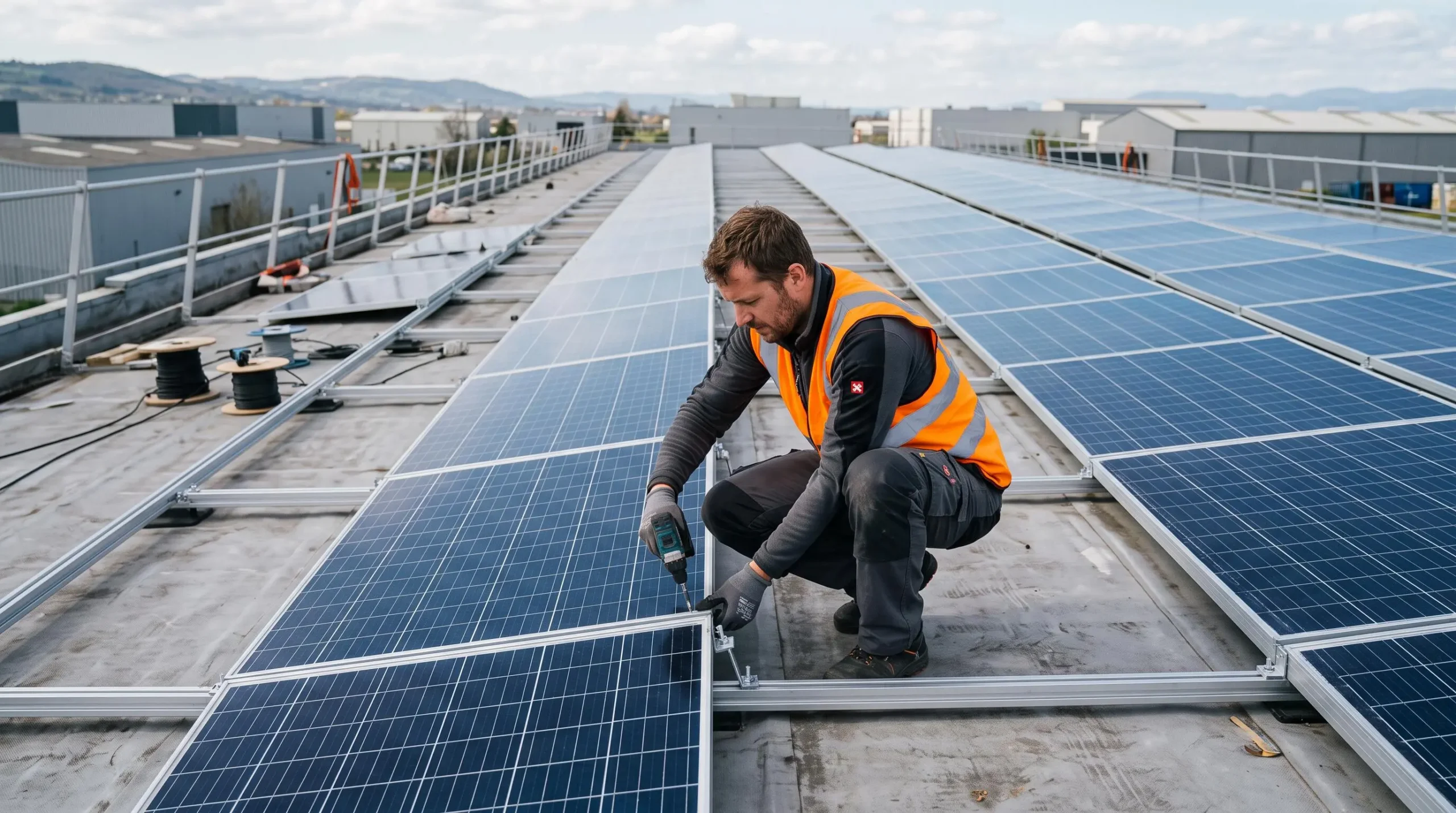 Technicien installant des panneaux photovoltaïques sur le toit d'un bâtiment industriel ou commercial français