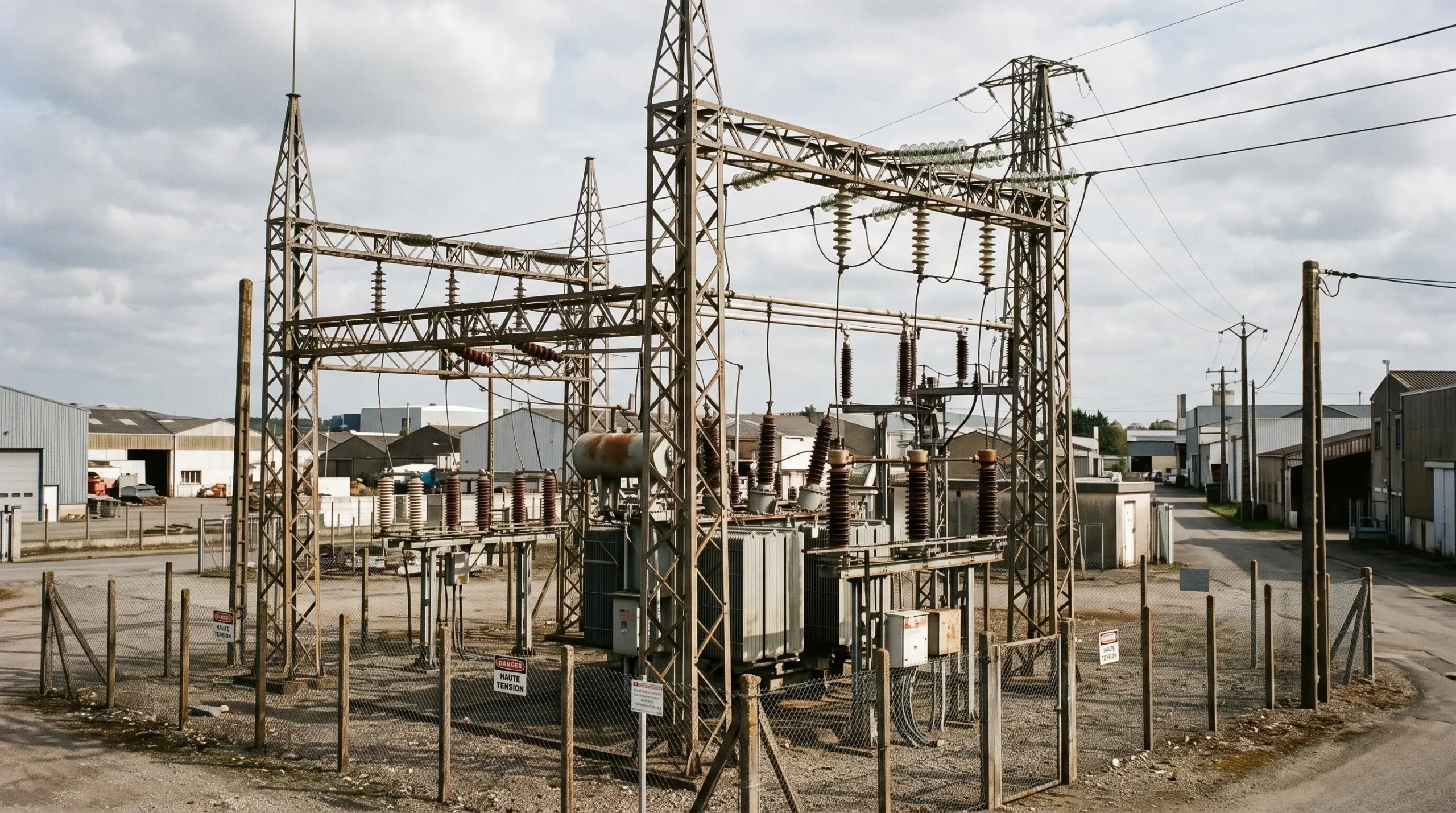 Poste de transformation électrique montrant les transformateurs et équipements de distribution dans une zone industrielle française
