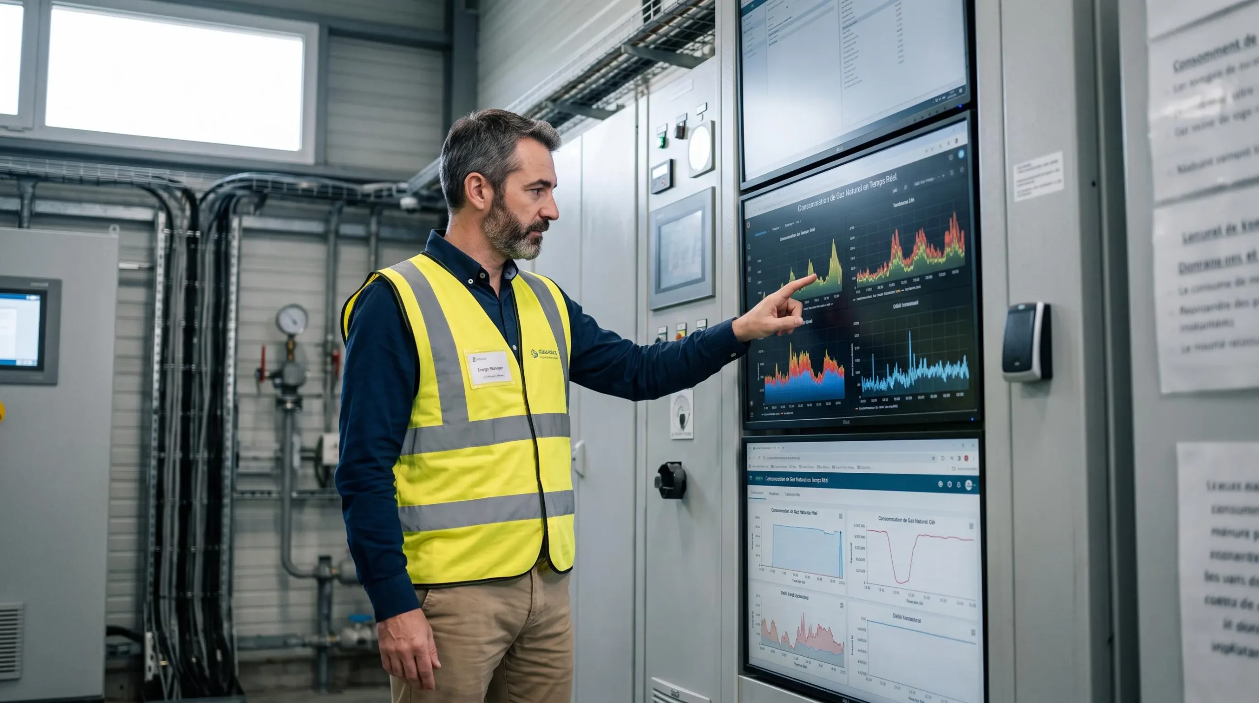 Responsable énergie consultant des données de consommation de gaz dans une salle de contrôle technique industrielle