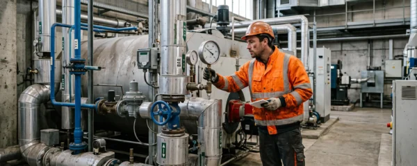 Technicien inspectant un système de chauffage industriel au gaz naturel dans une chaufferie d'usine