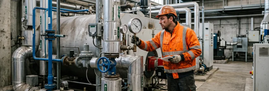 Technicien inspectant un système de chauffage industriel au gaz naturel dans une chaufferie d'usine
