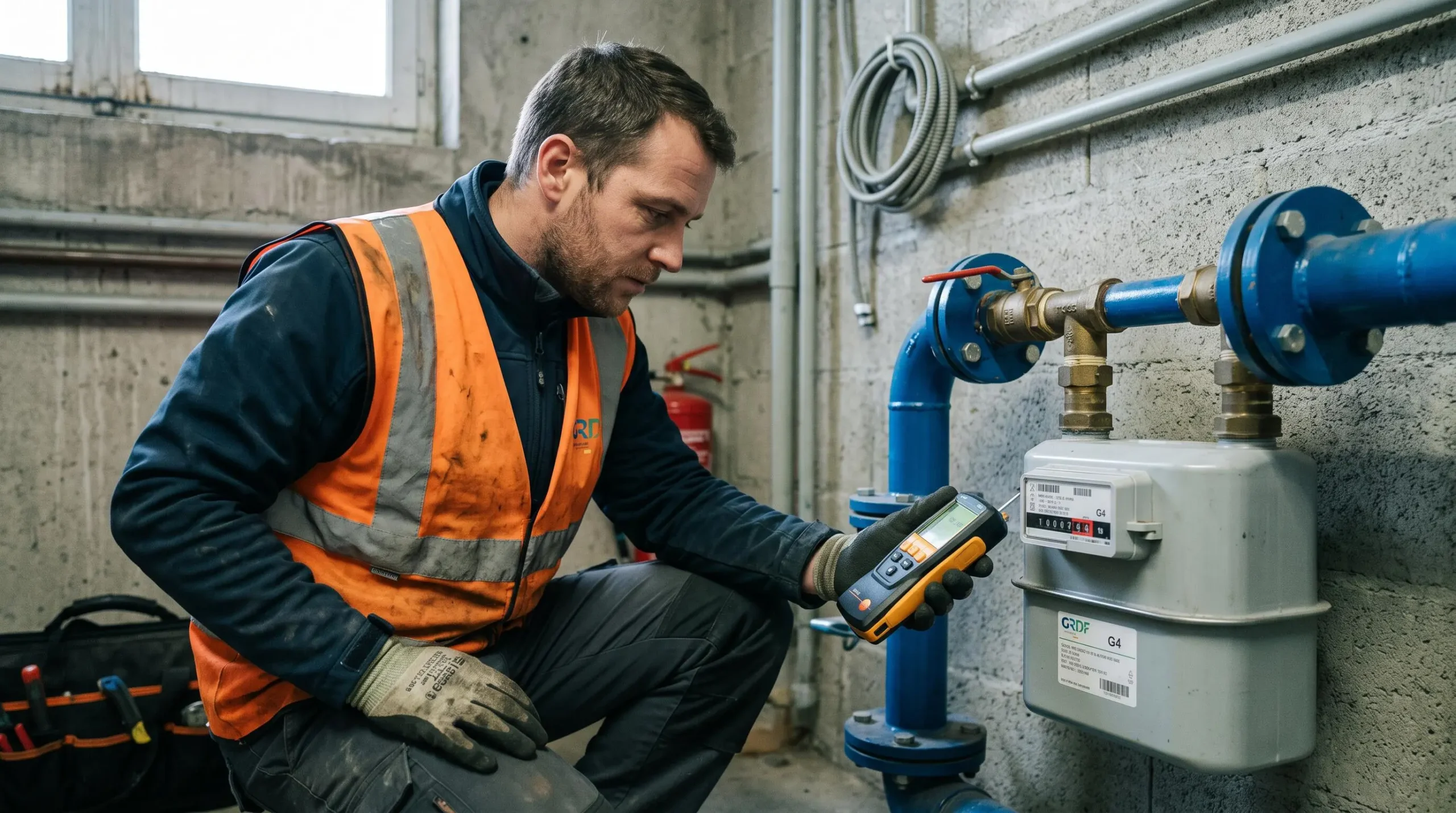 Technicien accroupi inspectant un compteur de gaz naturel industriel avec un appareil de mesure