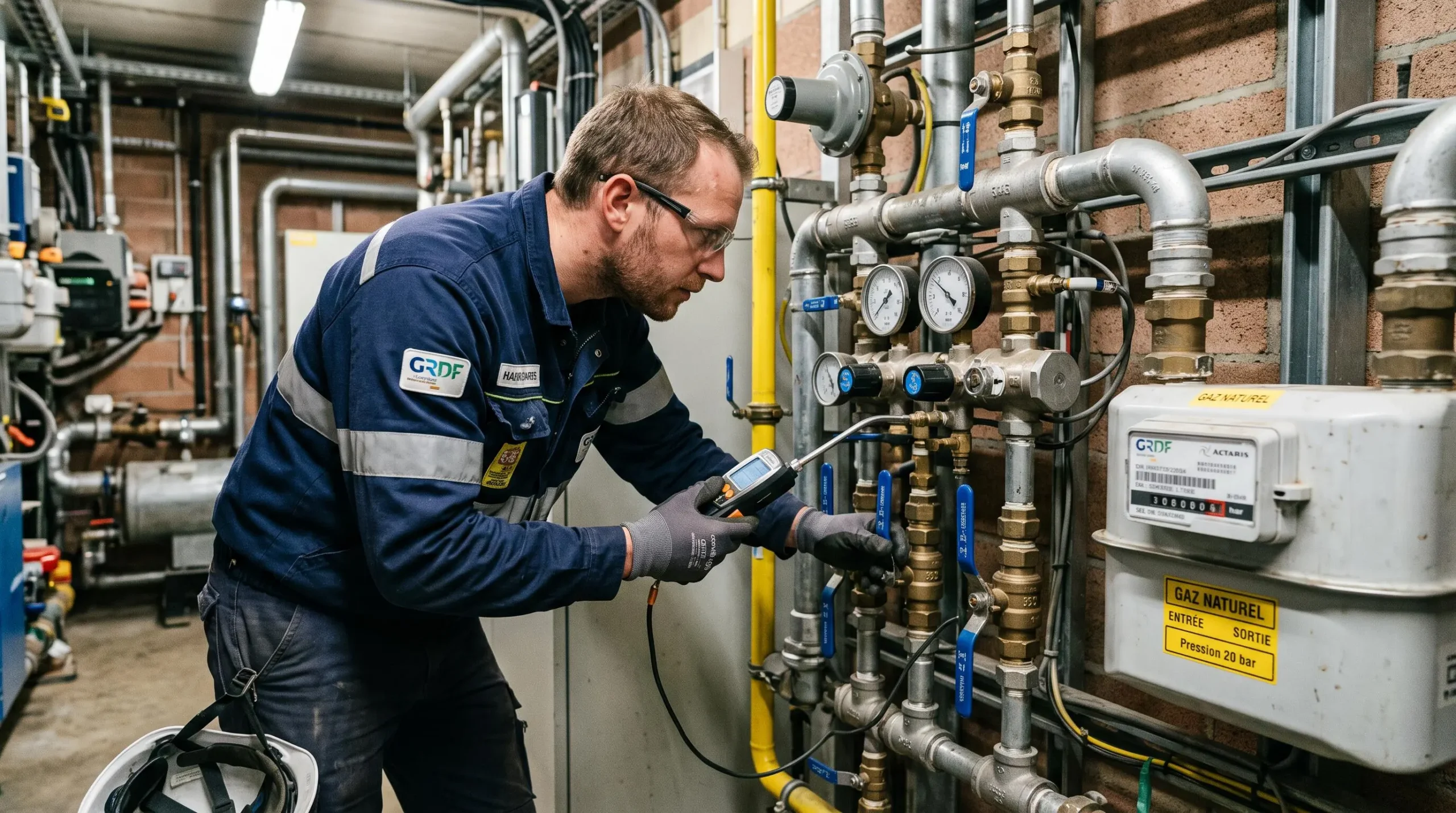 Gas technician inspecting professional metering and valve equipment in an industrial technical room.