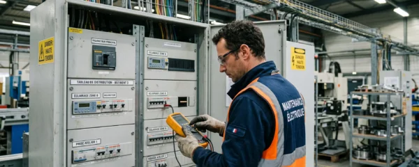 Technicien électricien inspectant un tableau de distribution électrique industriel à l'intérieur d'une installation professionnelle