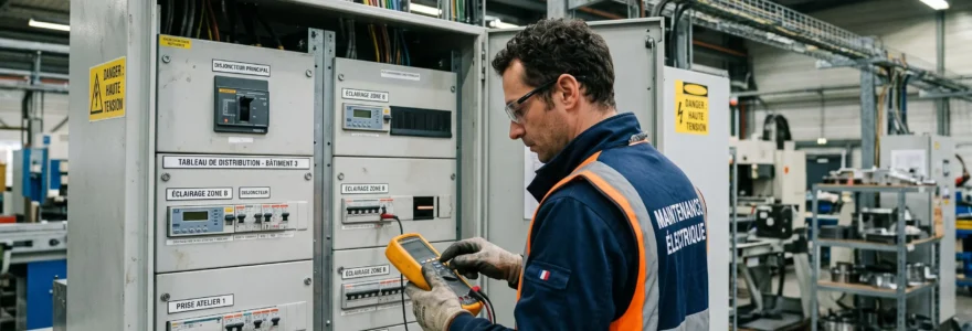 Technicien électricien inspectant un tableau de distribution électrique industriel à l'intérieur d'une installation professionnelle