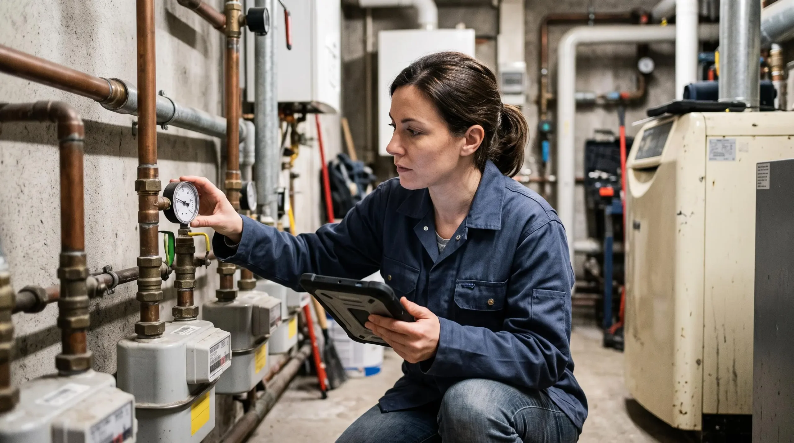 Une consultante en énergie relève les données du compteur de gaz et de la chaudière dans la chaufferie collective d'une résidence.