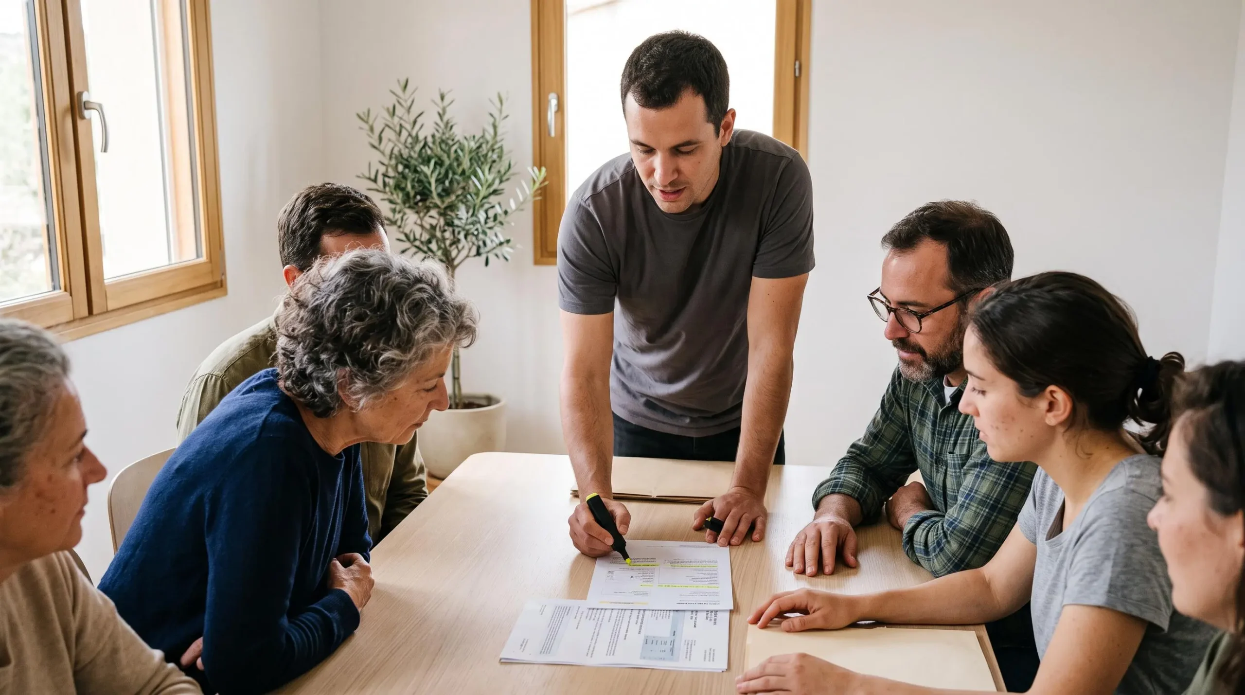 Un courtier en énergie surligne des postes de facture devant des membres d'un conseil syndical réunis autour d'une table.