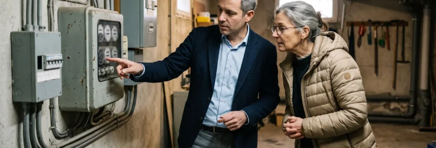 Un courtier en énergie montre le compteur électrique du local technique d'une copropriété au gestionnaire de l'immeuble, à Montpellier.