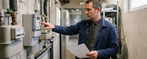 Un courtier en énergie relève les compteurs d'électricité et de gaz dans la chaufferie d'un bâtiment professionnel, un contrat en main.