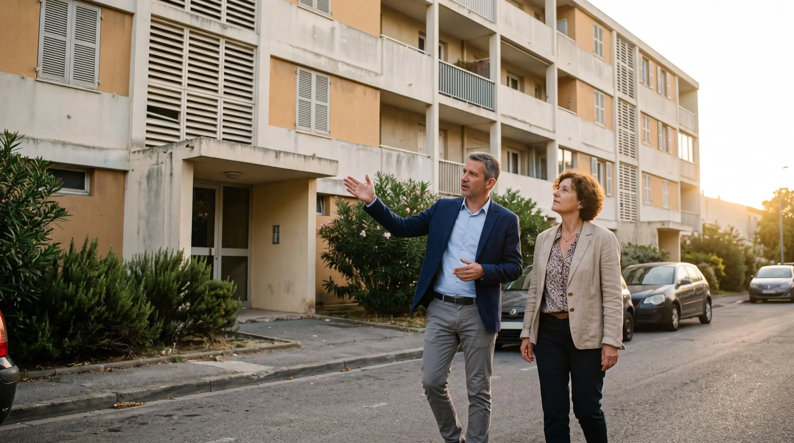 Un courtier en énergie et une gestionnaire d'immeuble discutent devant l'entrée d'une résidence à Montpellier.