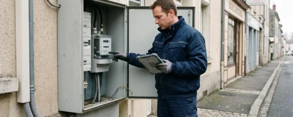Un technicien relève le compteur électrique extérieur d'un bâtiment commercial en France.